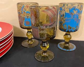 Set of 5 Antique German Glass Goblets Featuring Spanish/French Cavalry