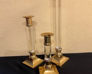 Set of Three Brass and Glass Candle Sticks