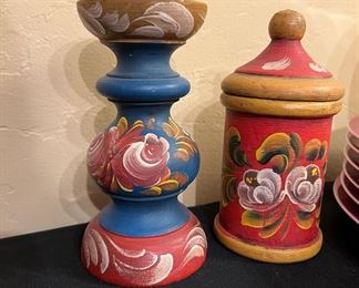 Vintage Folk Art Candle Holder and Canister