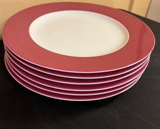 Set of 6 Pelimann Weiden Dark Red Rimmed Charger Plates, Made in Bavaria