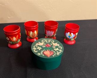 Set of 4 Hand Painted Folk Art Egg Cups and Keepsake Box