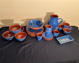 Vintage Blue and White Accents, Hand Painted Terra Cotta China Set for 4