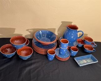 Vintage Blue and White Accents, Hand Painted Terra Cotta China Set for 4