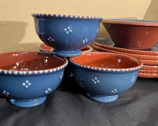 Vintage Blue and White Accents, Hand Painted Terra Cotta China Set for 4