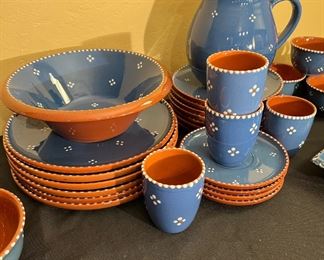 Vintage Blue and White Accents, Hand Painted Terra Cotta China Set for 4