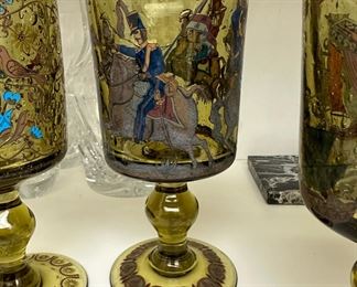 Set of 5 Antique German Glass Goblets Featuring Spanish/French Cavalry