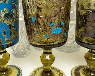 Set of 5 Antique German Glass Goblets Featuring Spanish/French Cavalry