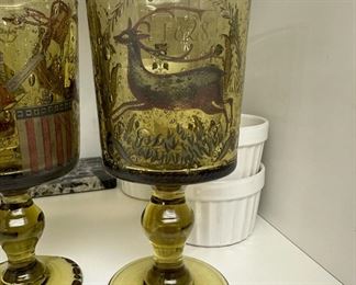 Set of 5 Antique German Glass Goblets Featuring Spanish/French Cavalry