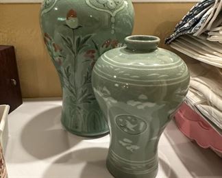 2 Korean Celadon Vases