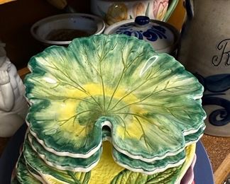 2 Hand Painted Cabbage Leaf Snack Plates, Made in Italy - 8039