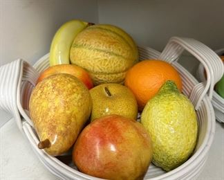Faux Fruit in Basket Weave Ceramic Bowl