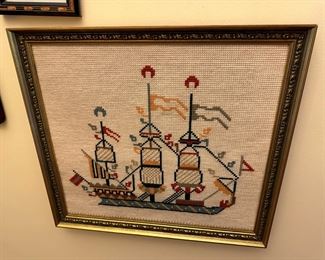 Framed Needlepoint of Ship Skyros