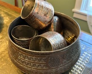 Brass Ornate Bowl and Glasses