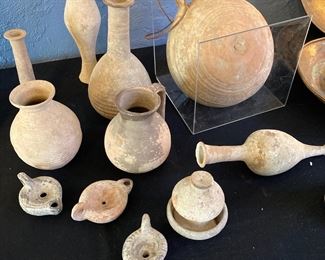 Artifacts, Terra Cotta Vases, Water Canteen, and Oil Lamps