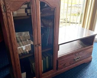 Oak Entertainment Center with Glass Front Cabinet