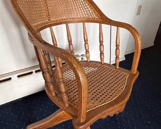 Oak Swivel Desk Chair with Cane Seat and Back