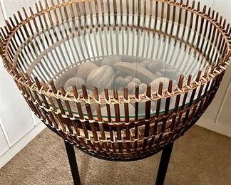 Rattan Fishing Basket with Glass Top Table