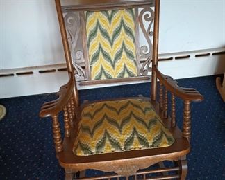 Ornately Carved, Upholstered Rocking Chair