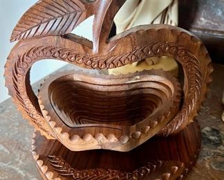 Ornately Wood Carved Apple Collapsable Basket
