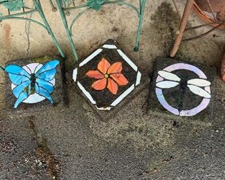 3 Mosaic Outdoor Pavers with Floral, Dragon fly and Butterfly Deisgn
