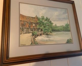 Framed Watercolor, Village on the Water