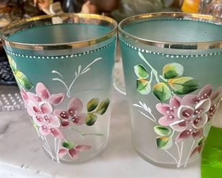 Two Hand Painted and Frosted Water Glasses
