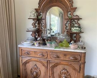 Intricately Carved Victorian Marble Top Buffet/Side Board with Mirror