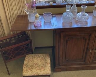 Small Cabinet/Bar with Extendable Top, Floral Upholstered Stool, Carved Magazine Stand