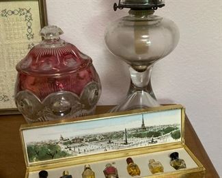 Set of 10 Paris Perfume, Clear Glass Oil Lamp, Red and Clear Crystal Candy Dish with Lid