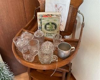 Oak High Chair, Embroidered Dish Towel, Crystal Mugs
