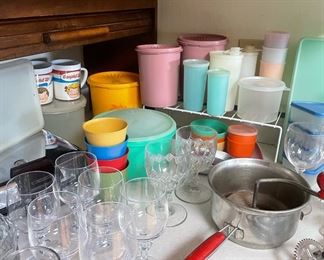 Assortment of Vintage Tupperware, Set of 6 Wine Glasses, 1940's Foley Sifter