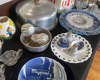 Decorative Collectors Plates, Scalloped Decorative White Plate, Aluminum Jello Molds, Aluminum Cake Stand, Aluminum Salt and Peper Shakers