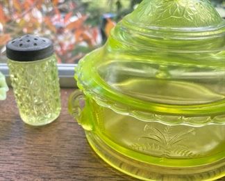 Yellow Uranium Glass -Tiara Indiana Glass Swan Candy Dish,  Yellow Vaseline Glass-Salt Or Pepper Shaker 