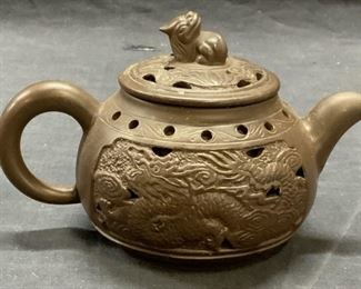 Signed Chinese Yixing Pottery Foo Dog Zisha Teapot
