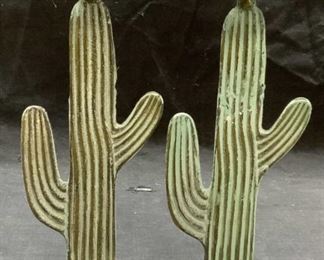 Pair Green Metal Cactus Candle Holders
