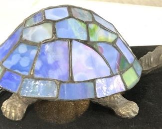 Bronze Turtle Lamp w Slag Glass Shell Shade

