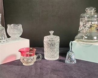 Anniversary Glass Candy Dish, Two Crystal Bells, Crystal Trinket Container And More