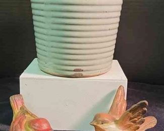Bluish Green Ribbed Ceramic Planter 5.5 And 2 Wooden Birds
