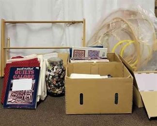 Bundle Of Quilting Books, Material, Blocking Mat, Jar Of Buttons And More