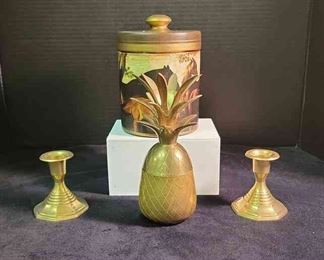 Ceramic 6 Canister, Two Brass Candlesticks And Brass Pineapple 