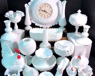 Milk Glass By Various Makers Including Fenton, Clock Is Plastic