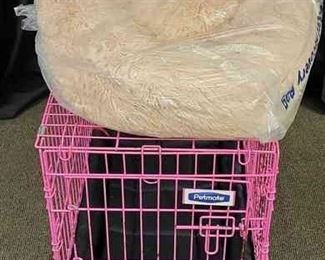 Petmate Dog Crate In Pink With Black Mat And Tan Furry Pet Bed
