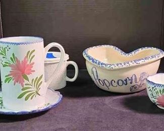 Pitcher Cup And Saucer By Jacques Molin From France And Ceramic Popcorn Bowl And Corning Ware Mug