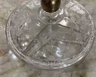 Vintage Cambridge glass Chantilly lace 3 part candy dish with silver knob