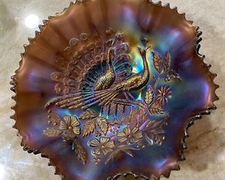 Northwood “Peacocks on the Fence” Carnival Glass Bowl