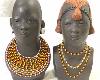 Lot 2 Ceramic MAASAI Bust Figures W Beaded Detail
