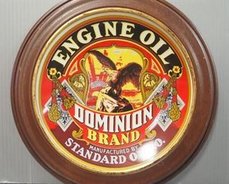 1984 Limited Edition Dominion Brand Engine Oil Manufactured By Standard Oil Co. Ceramic Plate, In Wood Frame, 11" Diameter