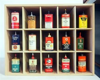 Handy Oilers Oil Can Assortment, Qty 15, In 15 Cubby Wood Storage Unit, 19.5" High x 24" Wide x 12" Deep, Some Contents In Cans, Local Pickup Only