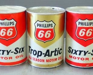 Phillips 66 Oil 1 Quart Cans, Qty 5, Includes MM Motor Oil, Trop-Arctic All-Season Motor Oil, ATF Fluid, And Sixty-Six Motor Oil (2), Some Contents