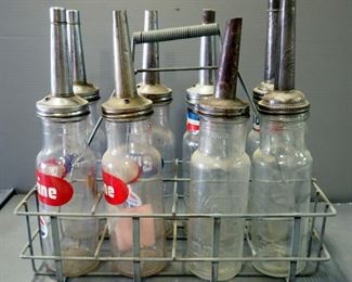 Standard Polarine And Iso-Vis 1 Quart Glass Bottles With Screw-On Spouts, Qty 8, In Metal Carrier